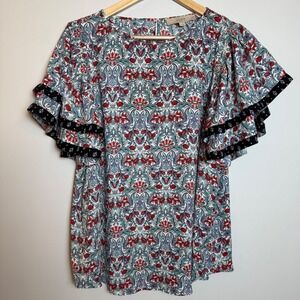 LOFT Womens Large Floral Flutter Sleeve Blouse Lightweight Ruffle Short Sleeve